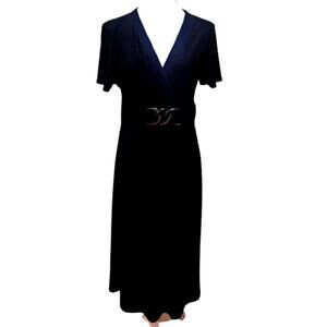 LANA LEE Black Short Sleeve Maxi Dress Size Small Stretch Waist Buckle V-neck